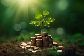 Poster - Wealth Business Concept. New Tree Growing in a Stacks of Coins extreme closeup. Generative AI