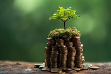 Poster - Wealth Business Concept. New Tree Growing in a Stacks of Coins extreme closeup. Generative AI