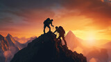 Fototapeta Góry - A Traveler, a Mountain Climber, a Person who Helps Others Overcome Obstacles and Reach the Top Together. People Reach out to Help Walk up the Mountain at Sunrise. Generative AI