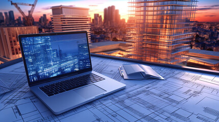 A Real Estate Concept in Building Design on Computer Tablet Blueprint for Engineering Construction Project Design Plan Blueprint Building Structure Development Construction Site Generative AI