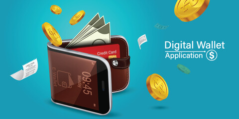 Money online on mobile phone, vector design. Capital flow, earning or making money. Financial savings.mobile wallet online on green background.Concept of spending money online through the internet.