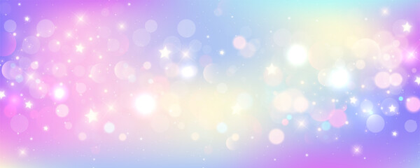 Wall Mural - rainbow unicorn background. pastel fantasy sky with bokeh and stars. magic holographic galaxy. marbl
