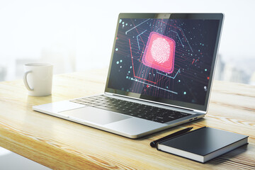 Poster - Computer monitor with abstract fingerprint scan interface, digital access concept. 3D Rendering
