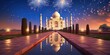 © CYBERUSS - Taj Mahal at Night with Fireworks Background, India Tourism Attraction, Independence Day. Generative Ai