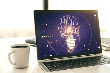 Poster - Creative light bulb illustration with microcircuit on modern computer monitor, future technology concept. 3D Rendering