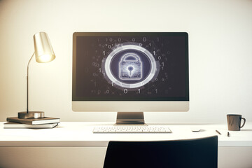 Aufkleber - Computer monitor with creative light lock illustration and microcircuit, cyber security concept. 3D Rendering