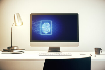 Poster - Modern computer display with abstract graphic fingerprint sketch, fingerprint scan data concept. 3D Rendering