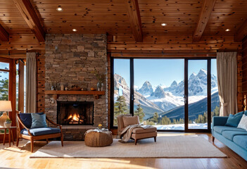 cheminée dans l'intérieur d'un chalet de luxe en hiver avec vue sur la montagne et la neige. generat