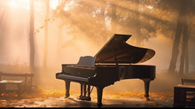 Piano In Autumn Park Morning Landscape Sound Concert. Generative AI