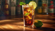 Cuba Libre or long island iced tea cocktail with strong drinks, cola, lime and ice in glass, cold longdrink or lemonade. Generative Ai