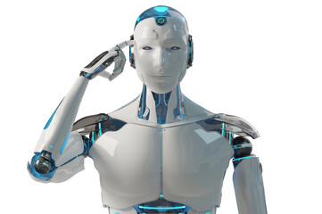 Poster - Futuristic robot touching his head. Isolated robot using artificial intelligence. 3D rendering white and blue humanoid cut out with transparent background