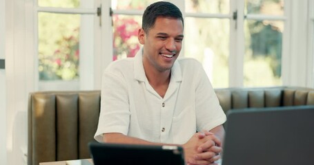Aufkleber - Video call, laptop and man talking in a coffee shop with sign language for a webinar on the internet. Happy, professional and deaf male manager on a virtual meeting for online discussion on computer.