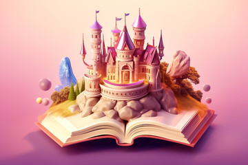 Open book with a fantasy world popping out. A castle illustration over a book. Generative AI.