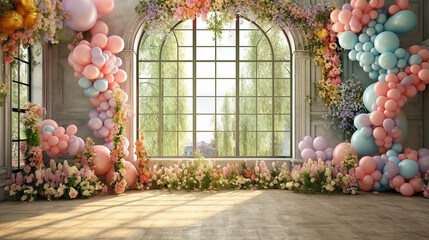 studio window decorated with balls colorful holiday. generative ai
