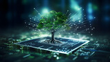 Fototapeta  - Tree with soil growing on the converging point of computer circuit board, blue light and wireframe network background, green computing, green technology, green IT, CSR, IT ethics, Generated AI