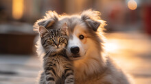 Cute Cat And Dog Hugging. Blurred Background. Generative Ai