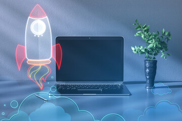 Aufkleber - Close up of mock up laptop computer with creative rocket ship sketch on blurry background with plant. Content launch and spaceship concept. Double exposure.