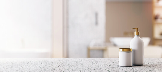 Poster - Front view of empty stone countertop in bathroom interior with blurred background and white bathroom accessories, product presentation concept, mockup. 3D rendering