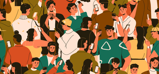 Fototapete - People crowd with mobile phones in hands, seamless pattern. Many happy smartphone users, endless background. Repeating printable print, characters with cellphones. Colored flat vector illustration