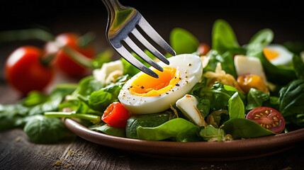 Salad with boiled egg, tomatoes and spinach. Juicy tamat and herbs on a fork. Healthy, dietary food. Organic food close-up. Generative Ai