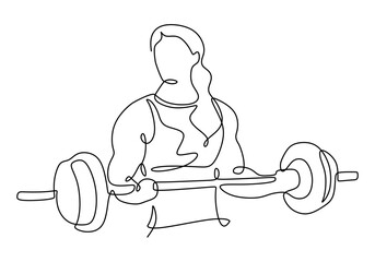 Weight training drawing of woman muscle vector. Female holding barbell continuous one line drawing.