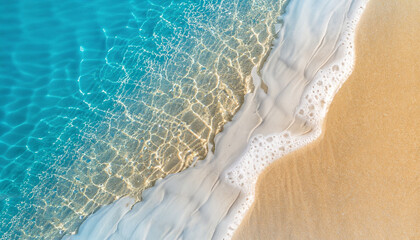  abstract sand beach from above with light blue transparent water wave and sun lights, summer vacation background concept banner with copy space, natural beauty spa outdoors