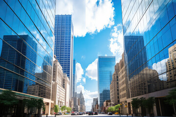 Wall Mural - Reflective skyscrapers, business office buildings. low angle view of skyscrapers in city, sunny day. Business wallpaper with modern high-rises with mirrored windows. Generative AI photo.