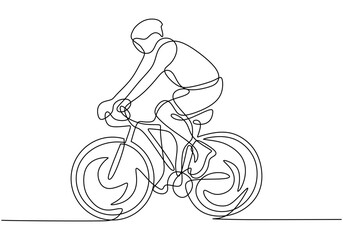 Wall Mural - one line drawing cyclist with helmet riding a bicycle. Minimalist design drawing of sportsman doing sport game.