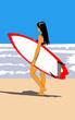 © BONI - Mujer surfista de pie caminando sobre la playa con una tabla de surf mirando las olas del mar. Mujer deportista caminando por la playa con tabla de surf.