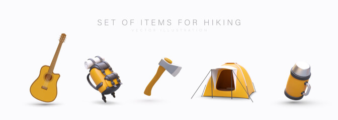 Wall Mural - Collection of realistic camping vector images. Property for hiking tourism with overnight accommodation. Guitar, backpack, axe, tent, thermos. Backpacking. Outdoor recreation