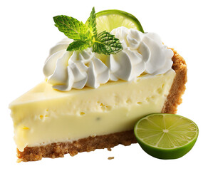 Wall Mural - One slice of lime cream pie garnished with lime and mint. Design element for cafe, cooking, kitchen. Isolated on transparent background. KI.
