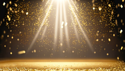 golden confetti rain on festive stage with light beam in the middle, empty room at night mockup with