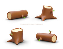 Set Of 3D Stumps And Logs In Plasticine Style. Tree Trunks With Brown Bark And Knots. Logging, Wood Processing. Preparation For Camping. Isolated Vector Drawings On White Background
