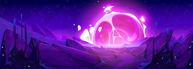 Poster - alien planet cartoon space landscape with pink meteor. rock desert ground vector background with out