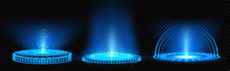 Poster - Game portal ui with hologram light technology and neon circle effect. Magic futuristic glow podium teleport element. 3d glow hud cyber scifi blue platform design. Virtual pedestal for vr interface