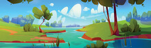 Summer Landscape With River Flowing In Valley. Vector Cartoon Illustration Of Beautiful Natural Scenery, Blue Water In Lake, Green Grass, Trees And Bushes On Banks, Clear Sky With Fluffy Clouds