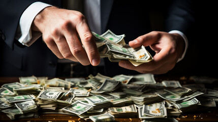 Wall Mural - Closeup of a Businessman's Hand Grabbing Dollar Banknotes: Money, Wealth, and Opportunity. Generative AI