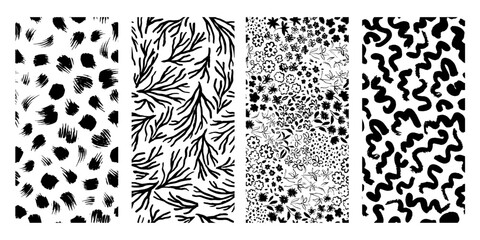 Wall Mural - Set of black and white seamless patterns with flowers, abstract spots, curls, natural shapes. Modern prints for fabric, clothes, wallpaper, backdrop, wrapping paper.