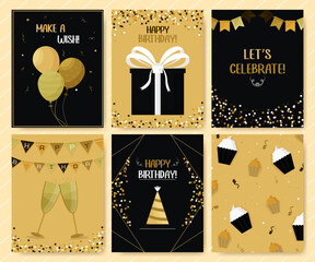 A set of 6 gold greeting cards. Birthday celebration. An invitation to a holiday. Vector illustration in a flat style.