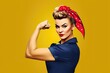 female strong woman with bandana on a yellow background, vintage americana,  glamorous pin-ups, iconic american, dark yellow, red and blue, created with generative ai