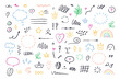 Hand drawn simple elements set. Sketch underlines, icons, emphasis, speech bubbles, arrows and shapes. Vector illustration isolated on white background.