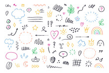 Hand Drawn Simple Elements Set. Sketch Underlines, Icons, Emphasis, Speech Bubbles, Arrows And Shapes. Vector Illustration Isolated On White Background.