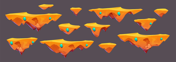 Poster - Cartoon set of flying islands isolated on background. Vector illustration of yellow pieces of land with turquoise gemstones floating in air, long and short ground sections for adventure game ui design
