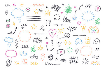 hand drawn simple elements set. sketch underlines, icons, emphasis, speech bubbles, arrows and shape