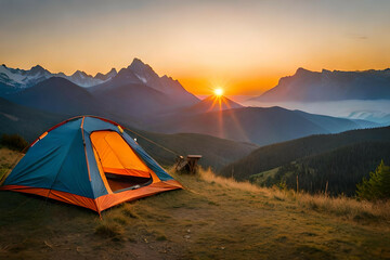 Wall Mural - camping tent high in the mountains at sunset