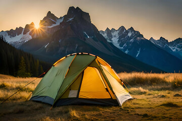 Wall Mural - camping tent high in the mountains at sunset