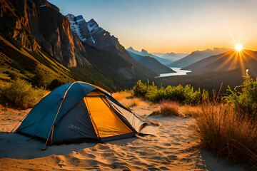 Wall Mural - camping tent high in the mountains at sunset