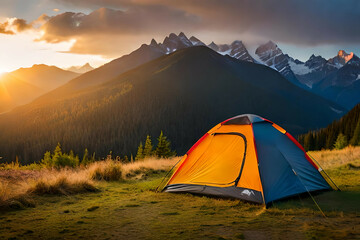 Wall Mural - camping tent high in the mountains at sunset