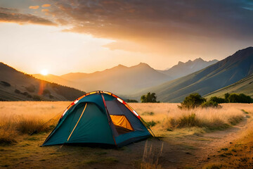 Wall Mural - camping tent high in the mountains at sunset