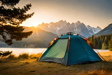 Wall Mural - camping tent high in the mountains at sunset